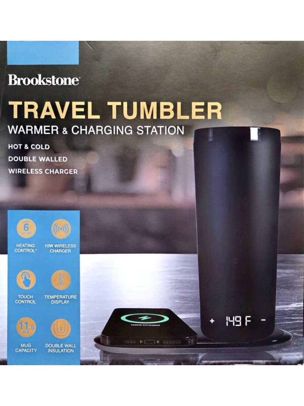 Brookstone Travel Tumbler Warmer And Charging Station Black New Sealed Box